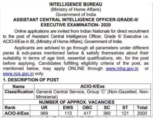 MHA Intelligence Bureau ACIO Recruitment 2020