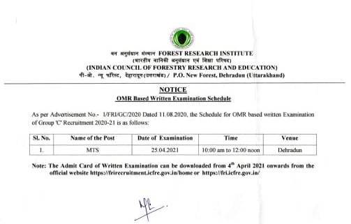 FRI Dehradun MTS Admit Card 2021