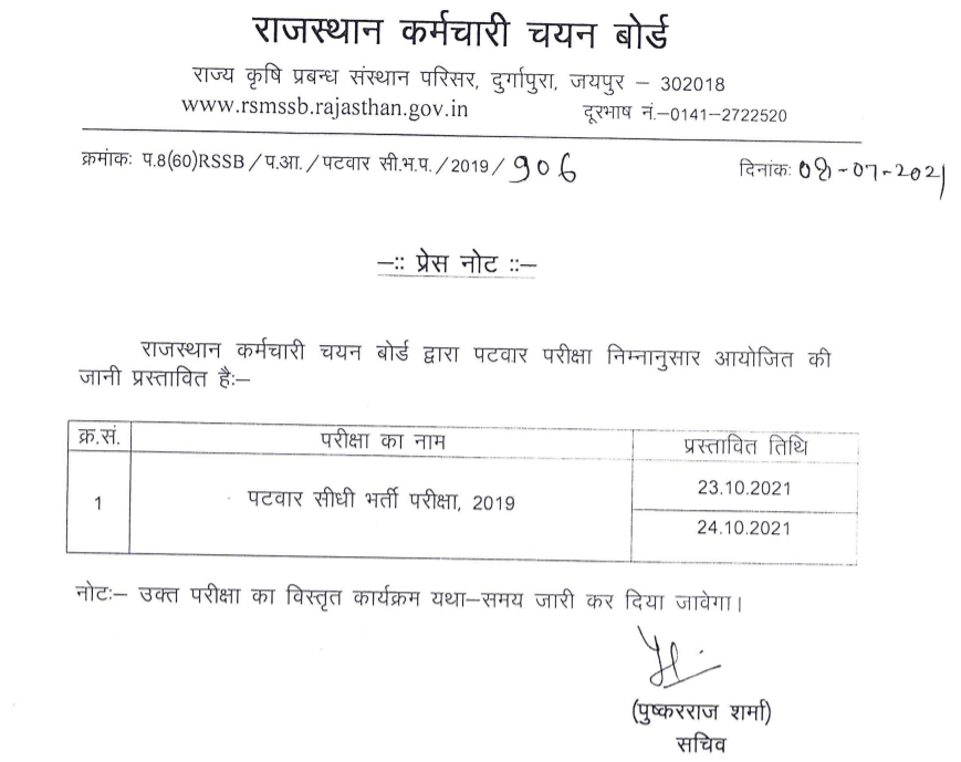 Rajasthan patwari exam 2021 